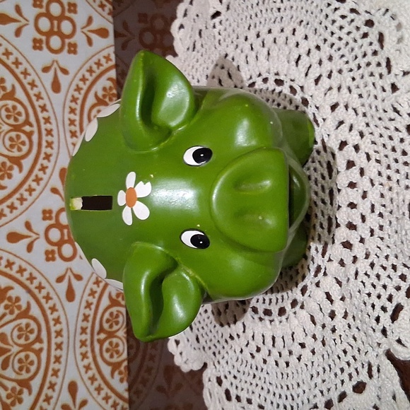 Vintage Green Piggy Bank with Floral Design - Picture 5 of 5